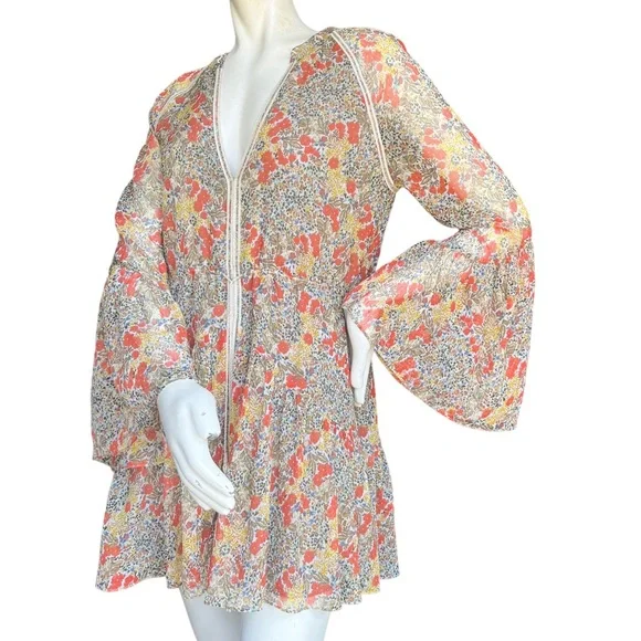 Alexis Floral Flowy Mini Babydoll Dress with Bell Sleeves and Tassels Size XS - Picture 4 of 14